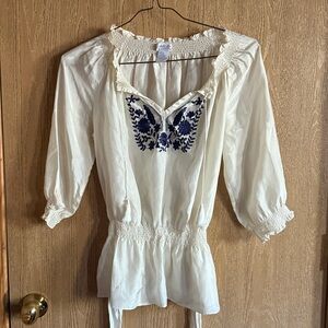 Vintage Eduardo Blanco 100% Silk Floral Blue and Cream Blouse size Small